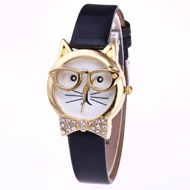 Genvivia simple wrist watch 2017 Hot Sale montre sport femme Cute Glasses Cat Women Analog Quartz Dial Wrist Watch