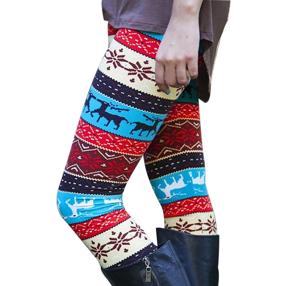 Casual Women Lady Skinny Xmas Deer Print Stretchy Jegging Pants Slim Leggings